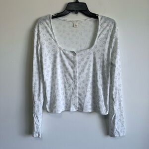 Aeropostale XL White Blue Teddy Bear Pointelle Knit Button Front Top Coquette